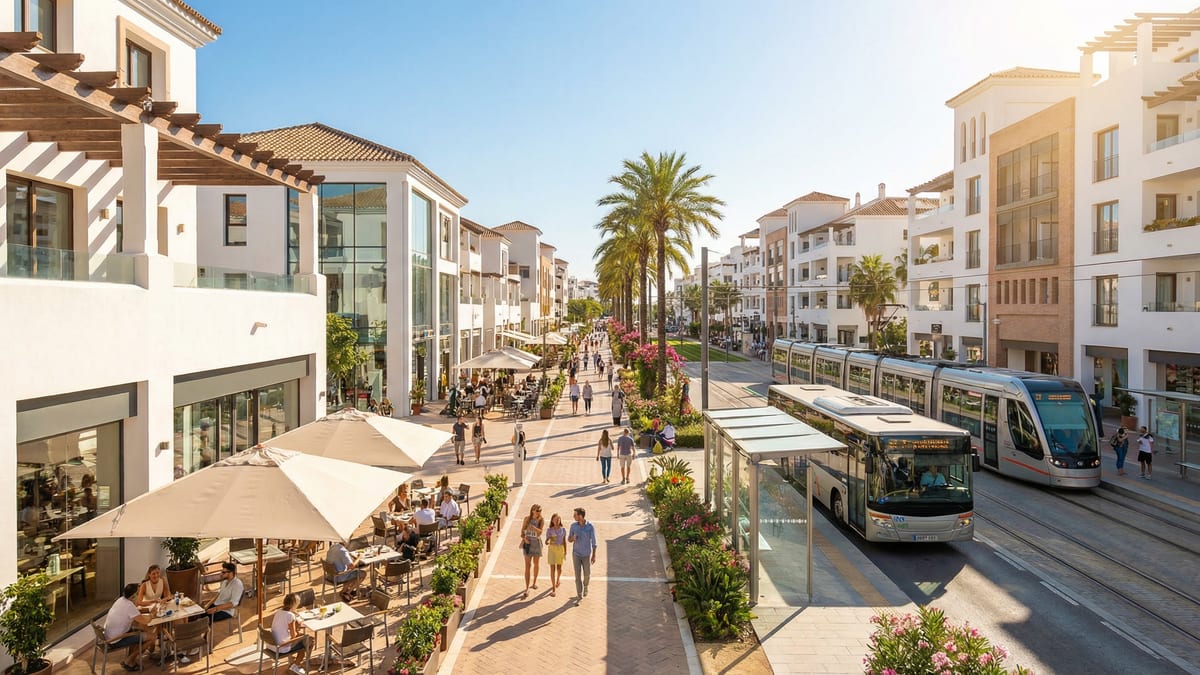 Zatłoczona ulica na Costa del Sol, z nowoczesną architekturą śródziemnomorską, kafejkami oraz stacją transportu publicznego.