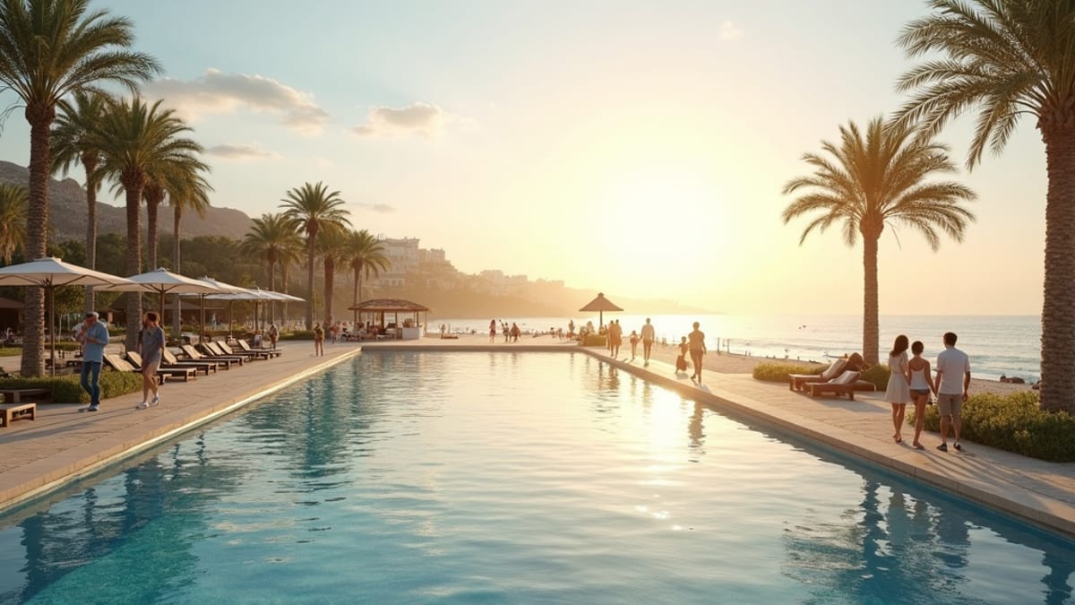 Promenade en bord de mer, lumière dorée, et personnes profitant du mode de vie côtier dans une belle retraite sur la Costa del Sol.