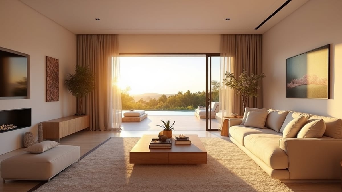 Salon de luxe spacieux sur la Costa del Sol, idéal pour la relocalisation des retraités, comparaison des réglementations, lumière du coucher de soleil.