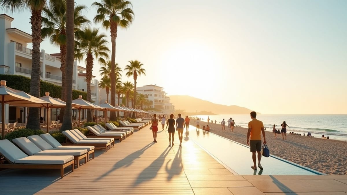Tengerre és hegyre néző kilátás Costa del Sol: Pálmafás tengerparti sétány emberekkel, reggeli aranyló fényben.