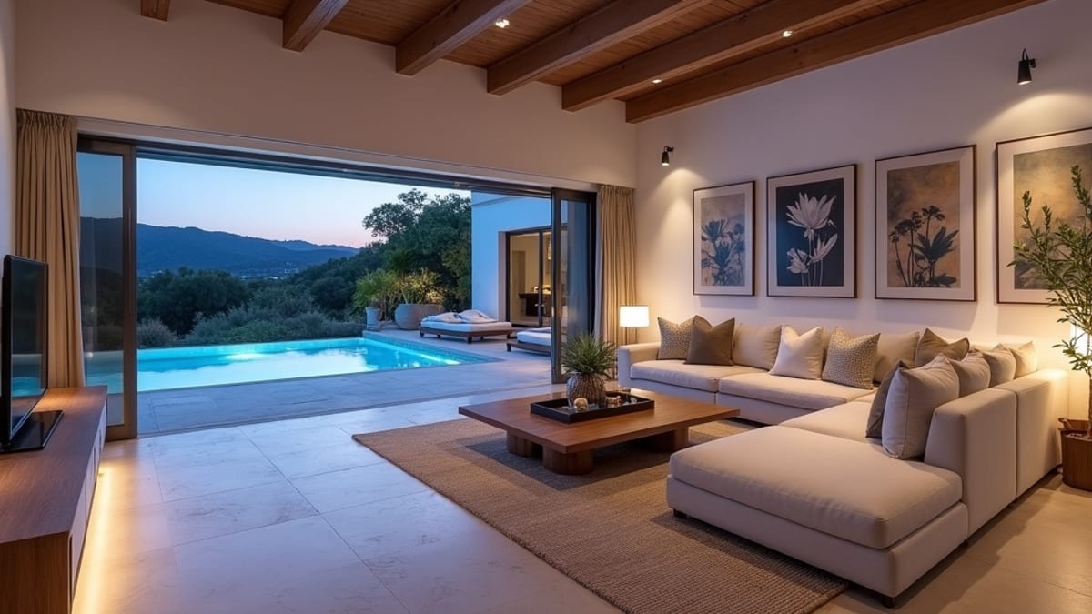 Új építésű luxusvillák Costa del Sol hegyre tengerre kilátással: Tágas spanyol koloniális nappali, modern bútorok.