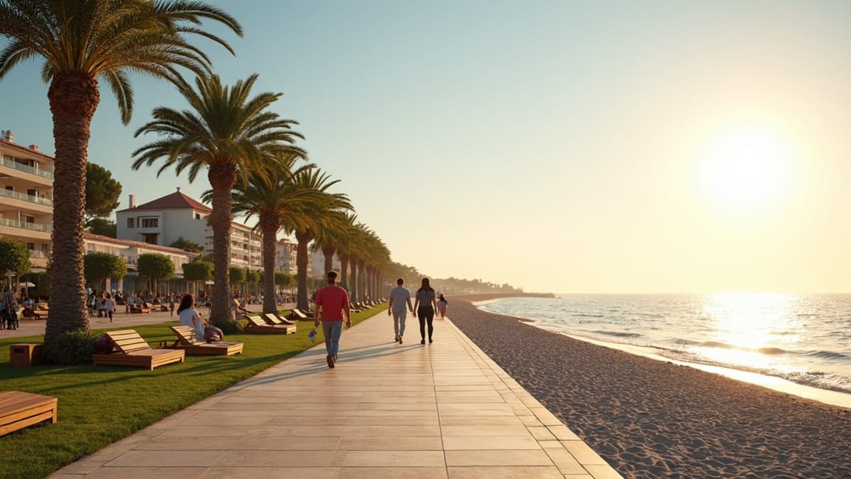 egész éves szabadtéri élet Costa del Sol: Napfényes tengerparti sétány pálmákkal, sétálókkal, reggeli fénnyel.