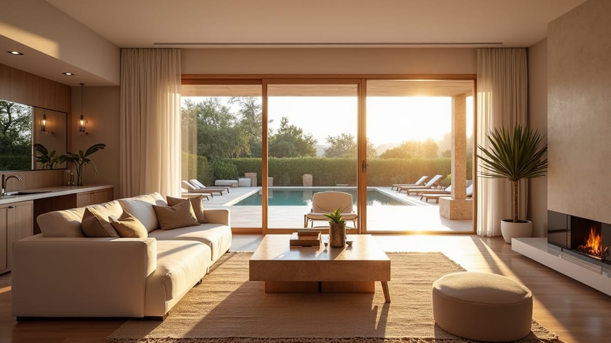 Andalúz luxus belső tér Costa del Solon: strandélet, promenádok, jóga a parton. Tágas, napfényes nappali.