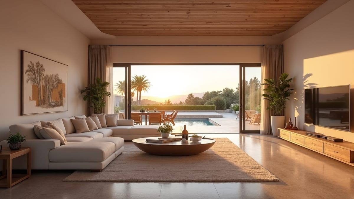 Lekker stue i luksusbolig på Costa del Sol, solnedgang, moderne møbler - ideelt for stressreduksjon Costa del Sol.