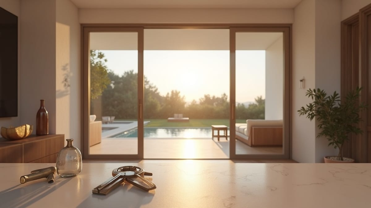 Gotowe do zamieszkania nieruchomości na Costa del Sol: elegancki modernistyczny hol, klucze na stole, zapowiedź ciepłego śródziemnomorskiego klimatu. Idealne dla życia expatów, wellness i relaksu.