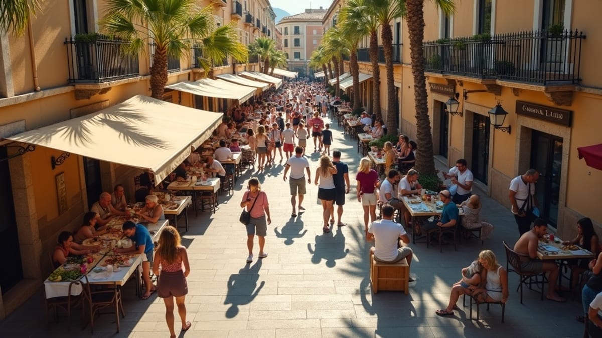 Families enjoying vibrant community life in Costa del Sol, embracing café culture, outdoor markets, and palm-lined streets while living in Costa del Sol with children.