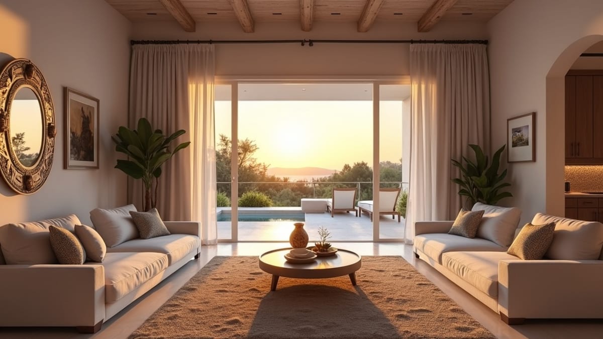 Salon spacieux sur la Costa del Sol présentant un design contemporain, parfait pour les familles cherchant à déménager en Espagne avec des enfants.