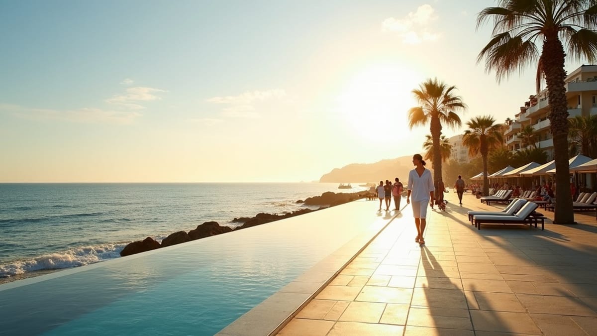 Élvezze a természetes tájak Costa del Sol szépségét: napfényes tengerparti sétány pálmákkal, tengerrel, reggeli fénnyel.