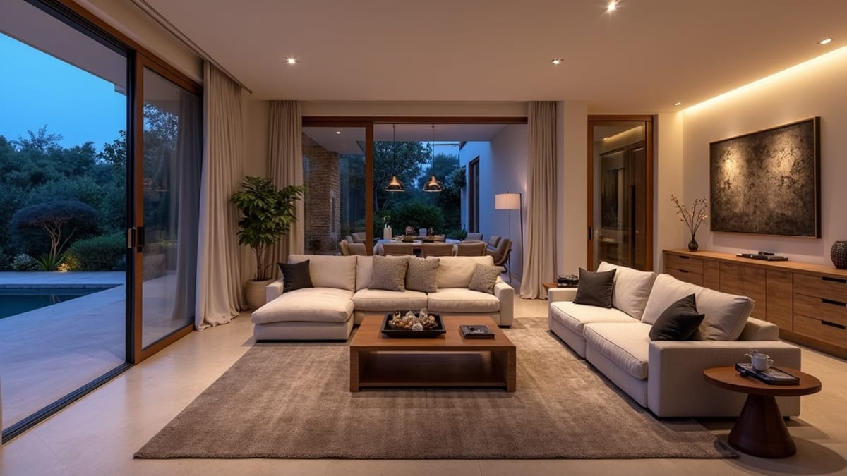 Luxus spanyol koloniál nappali Costa del Solon, terasz kilátással – tökéletes pihenés túraútvonalak Costa del Sol felfedezése után.