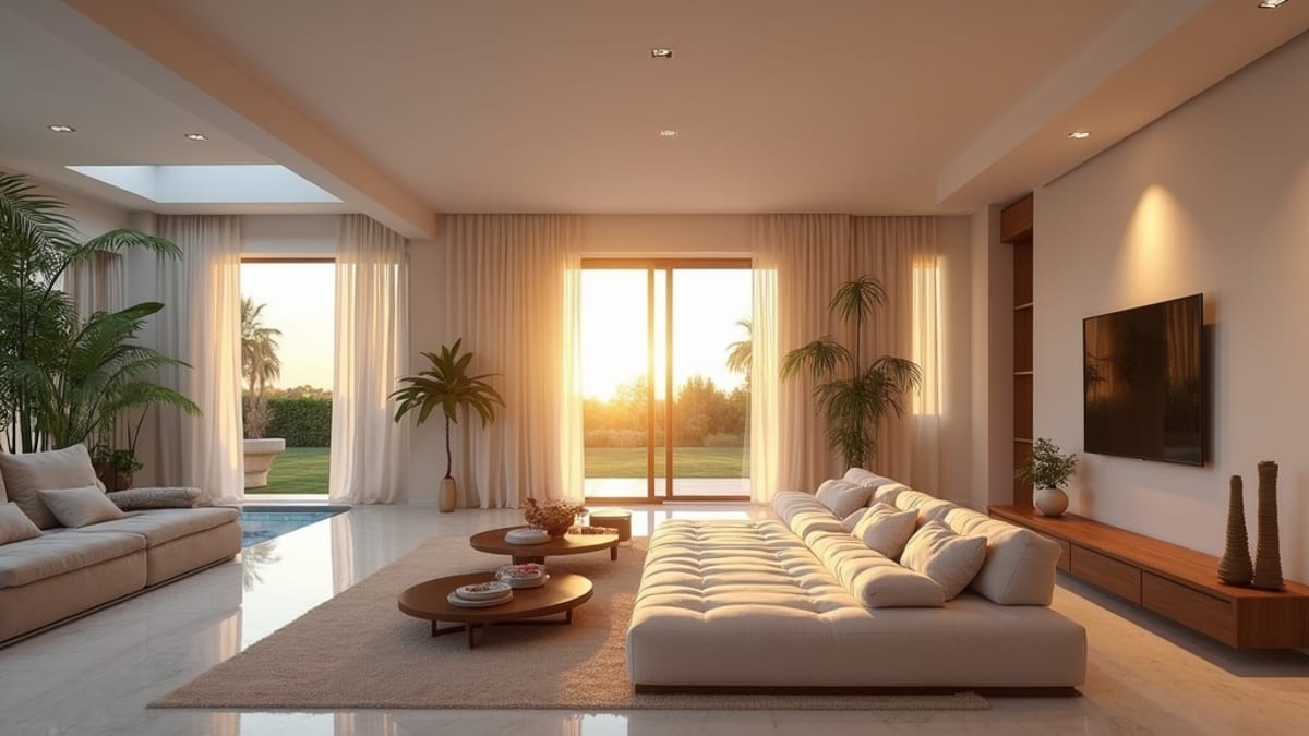 Spacious Andalusian luxury living room with sunset glow, high-end finishes. Ideal for természeti területek befektetés Costa del Sol.
