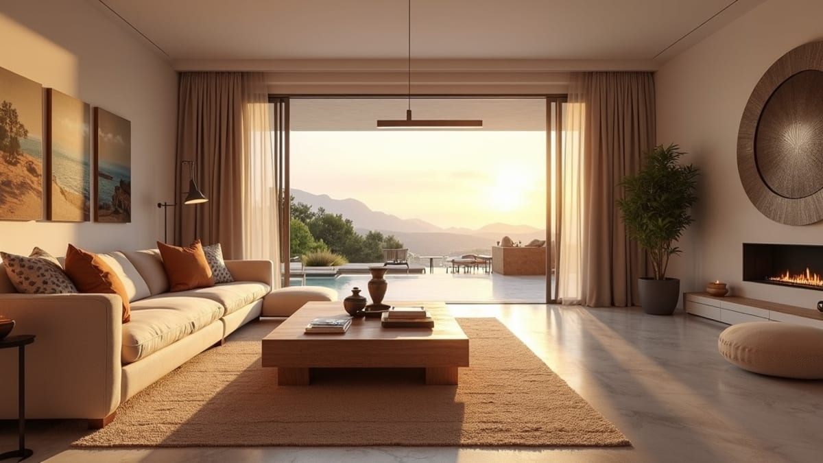 Lyxig interiör i Costa del Sol: rymligt vardagsrum med solnedgång, främjar hälsa Costa del Sol klimat.