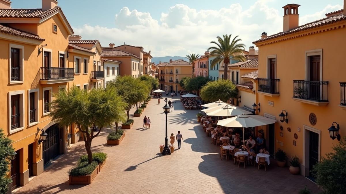 Élvezd az egészséges életmódot Costa del Solon! Hangulatos spanyol tér, kültéri éttermek a délutáni fényben.