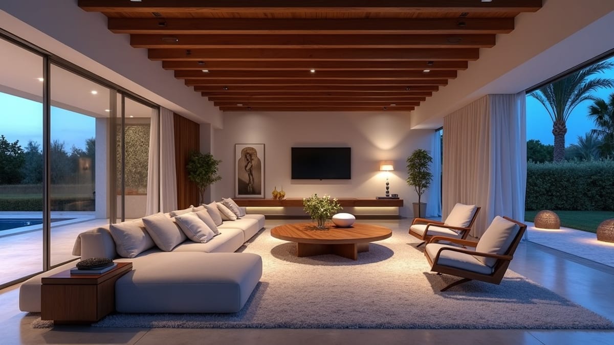 Costa del Sol enyhe tél: Luxus spanyol villa nappalija esti fénnyel, modern bútorokkal, teraszajtóval, MOFU.