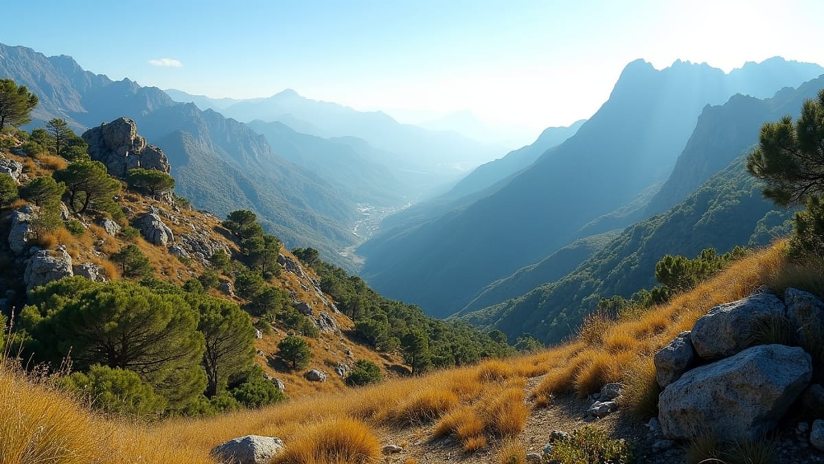 Höga Sierra Blanca-berg i Costa del Sol under solig himmel, symboliserar hög livskvalitet investering Costa del Sol.