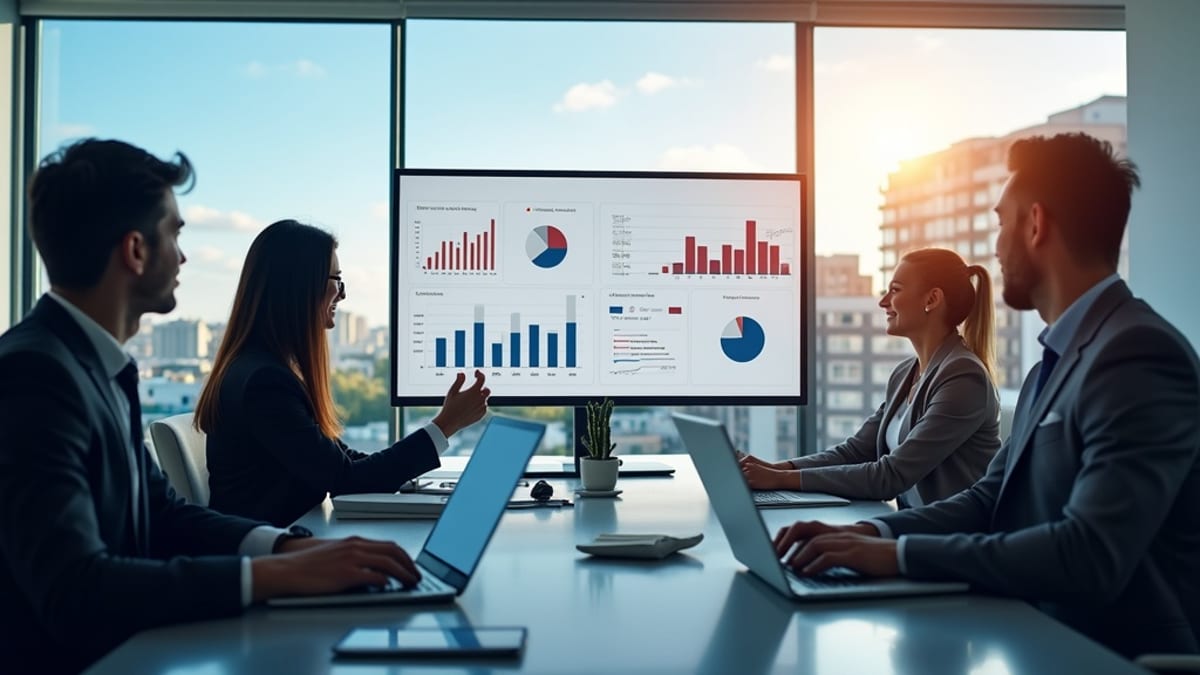 Affärsfolk analyserar data om Costa del Sols fastighetsmarknad på ett modernt kontor med stadssilhuett och digitala skärmar.