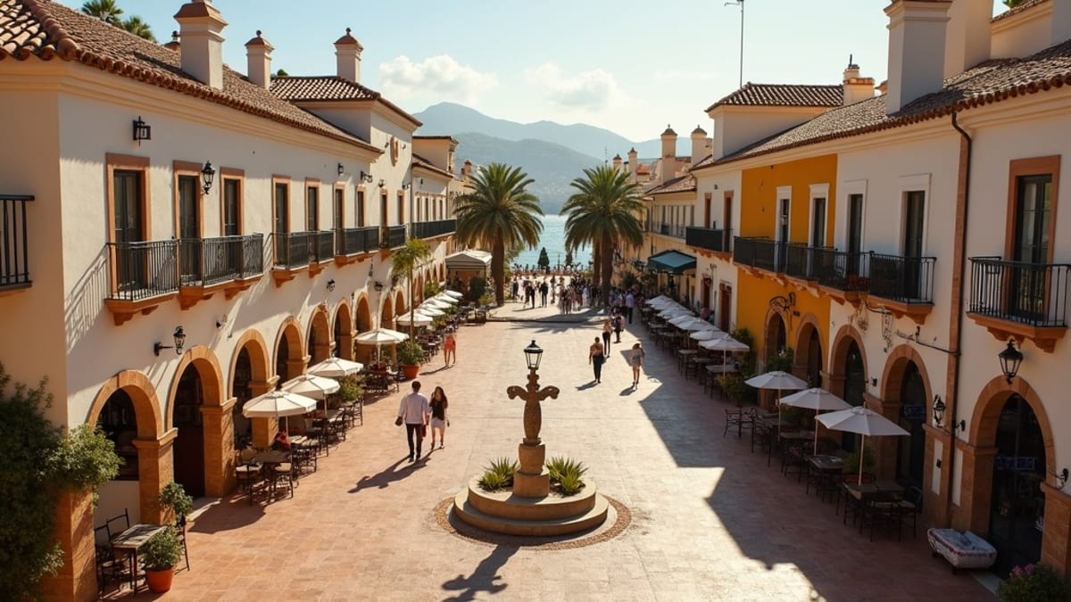 Aerial view of a charming plaza in Costa del Sol, showcasing traditional architecture and outdoor dining in soft afternoon light.