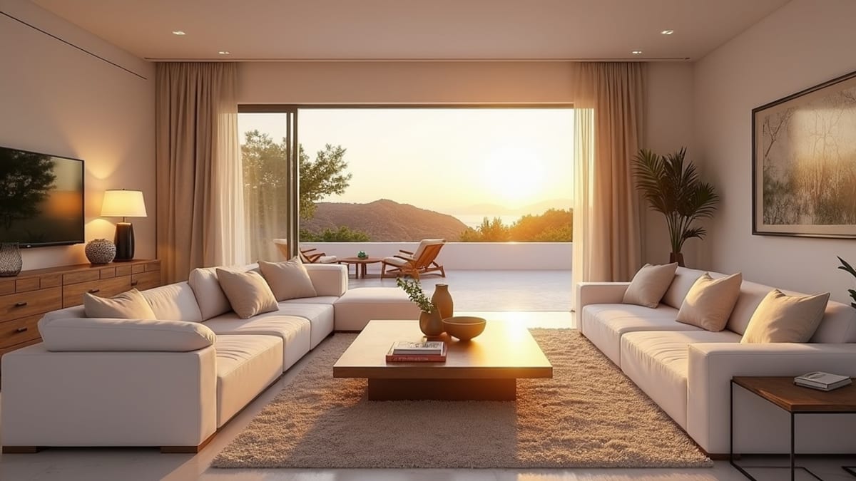 Luxury Mijas living room with sunset light & terrace access, showcasing Costa del Sol property appeal near Sierra de Mijas natur.