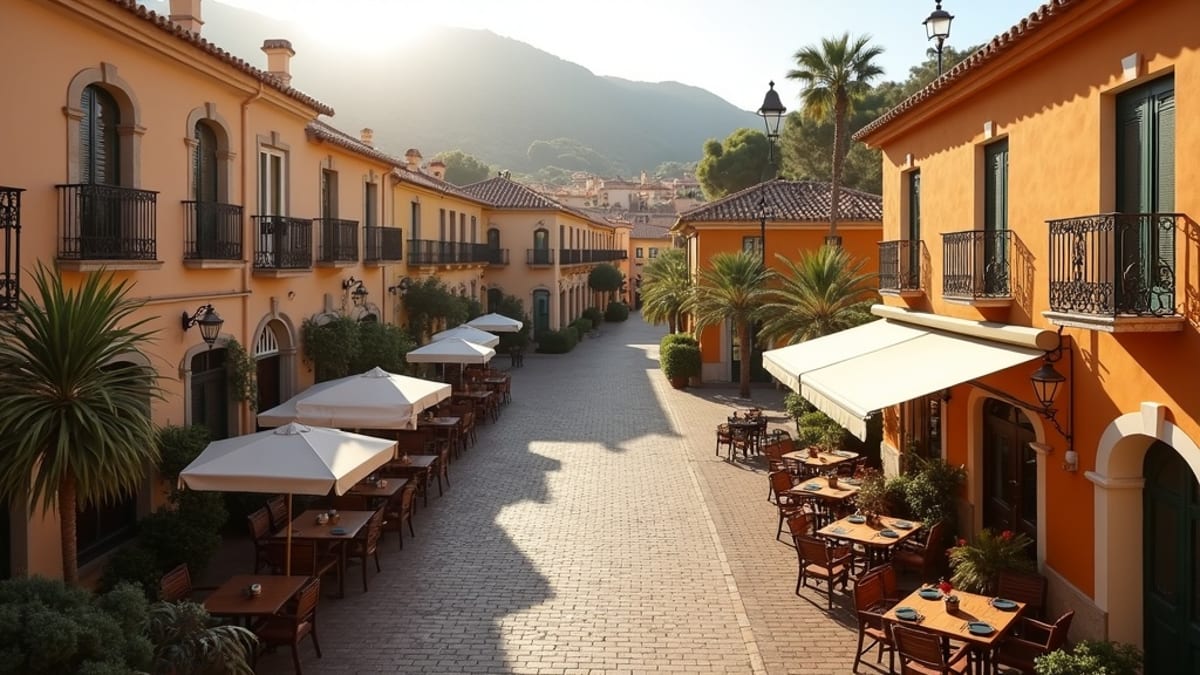 Viehättävä espanjalainen aukio, perinteistä arkkitehtuuria ja ulkoilmaruokailua, iltapäivän pehmeässä valossa. Koe panoraamanäkymät merelle ja vuorille Costa del Solilla.