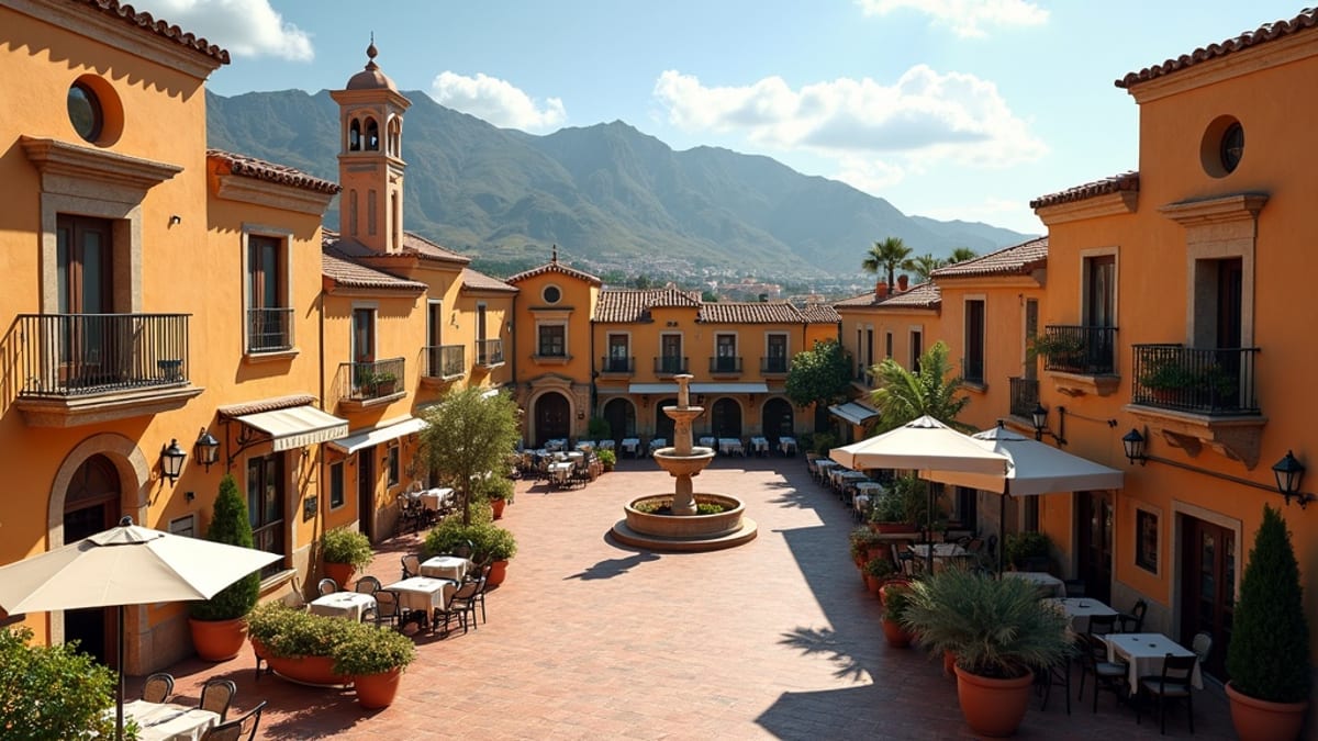 Charming Costa del Sol plaza, local atmosphere, and soft light where endemikus fajok Costa del Sol and madárvilág vándormadarak thrive.