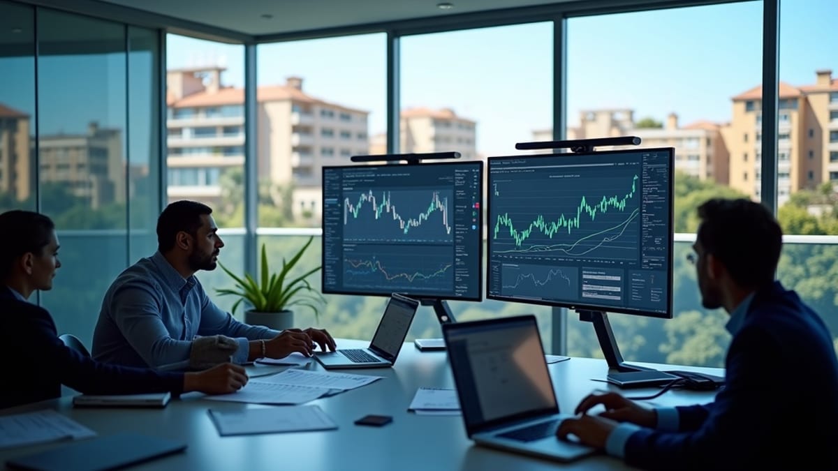 Luftfoto af udlandsdanskere, der nyder en livlig eftermiddag på en plads i Costa del Sol, der eksemplificerer luksuslivsstilen i Costa del Sol.