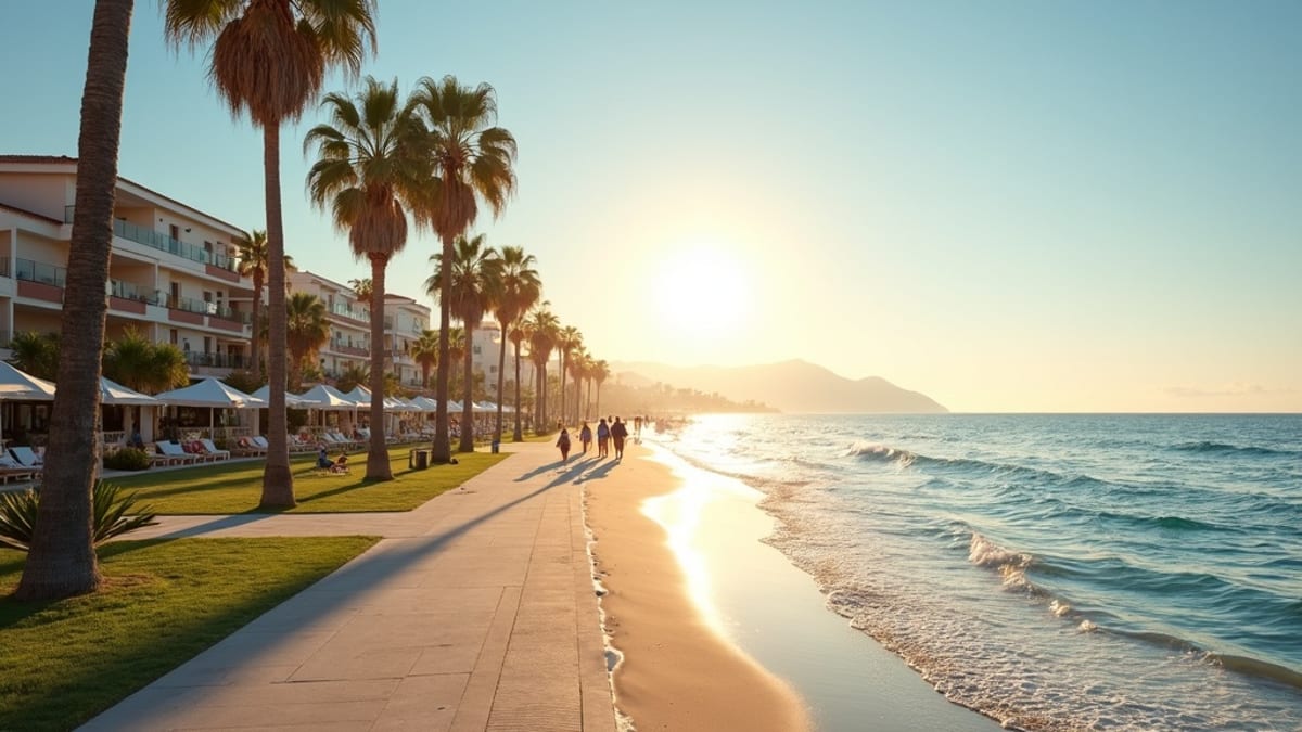 Gouden ochtendzon op strandpromenade van Costa del Sol; mensen wandelen, genieten van schone zeelucht en welzijn.