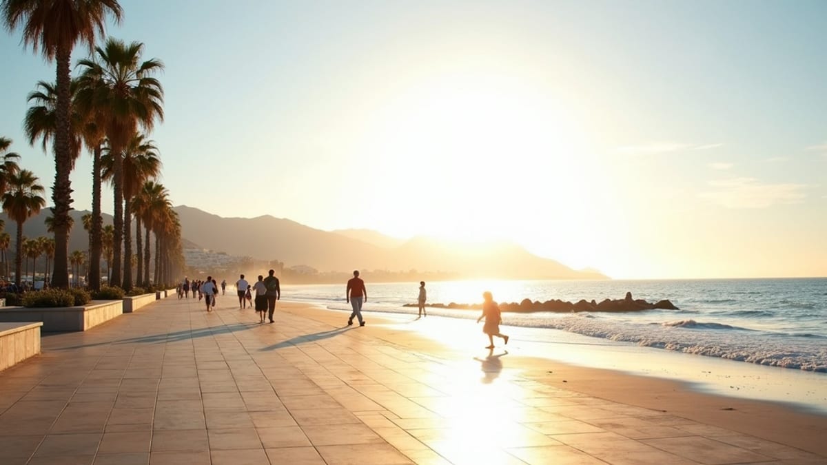 Napsütéses órák száma Costa del Sol: Ébredjen a tengerparti életre, pálmafák és séta a reggeli fényben a Földközi-tenger partján.