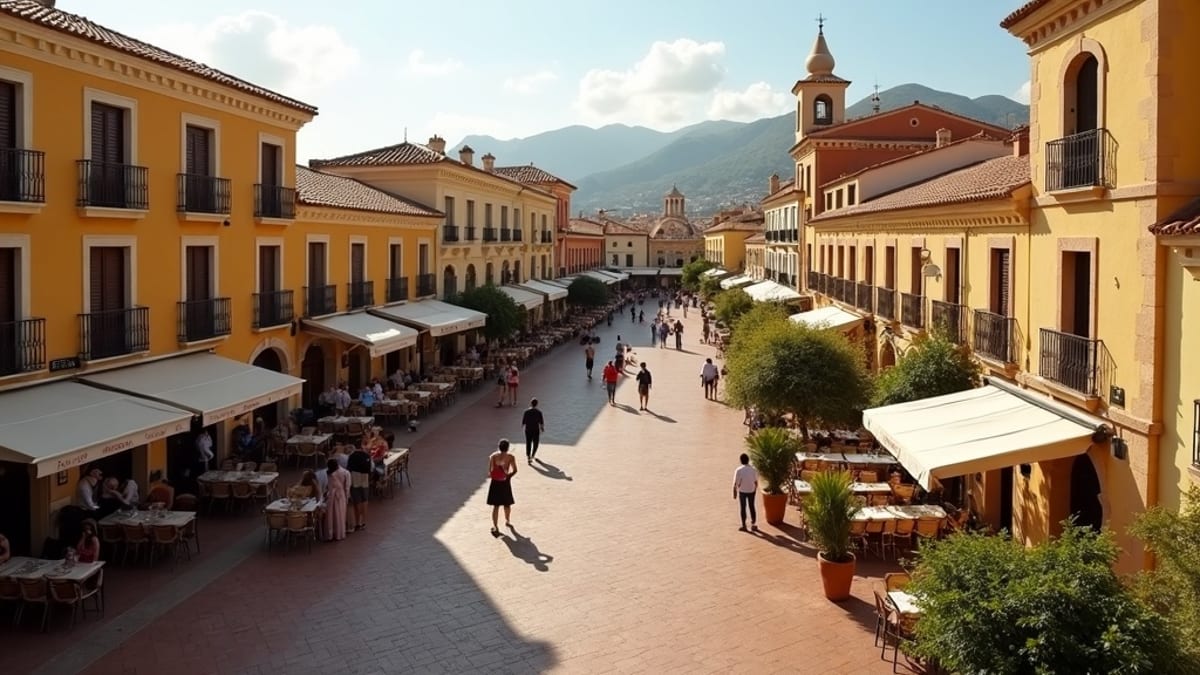 320 napsütéses nap évente Costa del Sol: Spanyol tér, kültéri éttermek a természetes D-vitamin-forrás alatt.