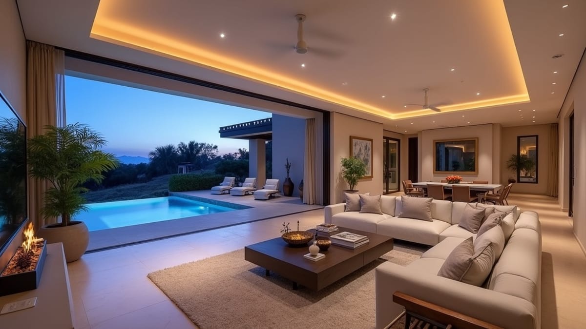 Kiegyensúlyozott időjárás, stabil hőmérséklet Costa del Sol: Tágas, luxus nappali spanyol dizájnnal, teraszkapcsolattal alkonyatkor.