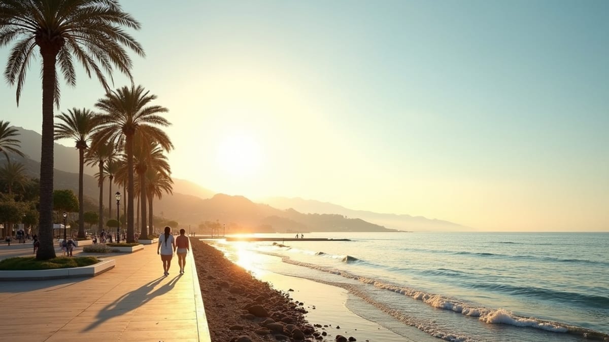 Új építésű ingatlanok Costa del Sol életminőség: Sétálók, pálmafák a tengerparti sétányon, ragyogó mediterrán reggel.