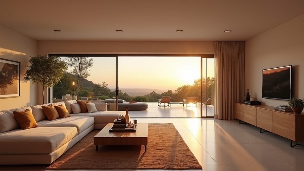 Stabil ingatlanpiac Costa del Sol befektetés előnyei: Andalúz luxus nappali, naplemente fénnyel, terasz kapcsolattal.