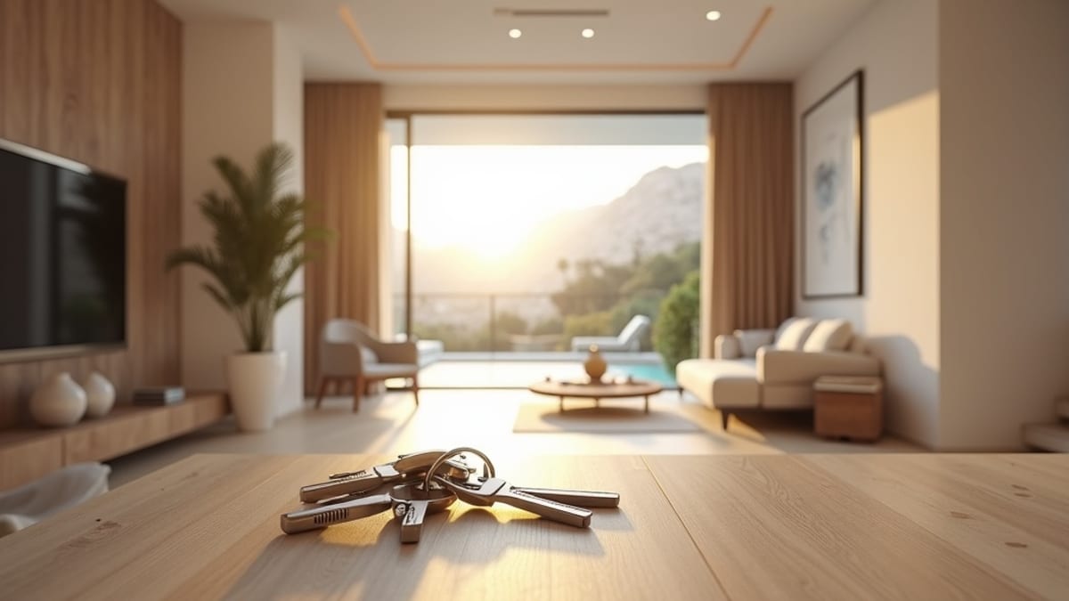 Luxuslakás vásárlás Costa del Sol adóelőnyökkel: Készen álló, elegáns modern otthon bejáratánál, kulcsokkal BOFU döntéshez.