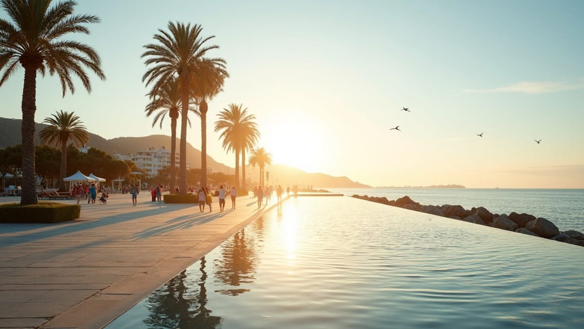 Kuinka monta tuntia aurinko paistaa keskimäärin päivittäin Costa del Solilla? Ihmisiä kävelemässä rannan palmupromenadilla aamun valossa, Välimeren rannalla.
