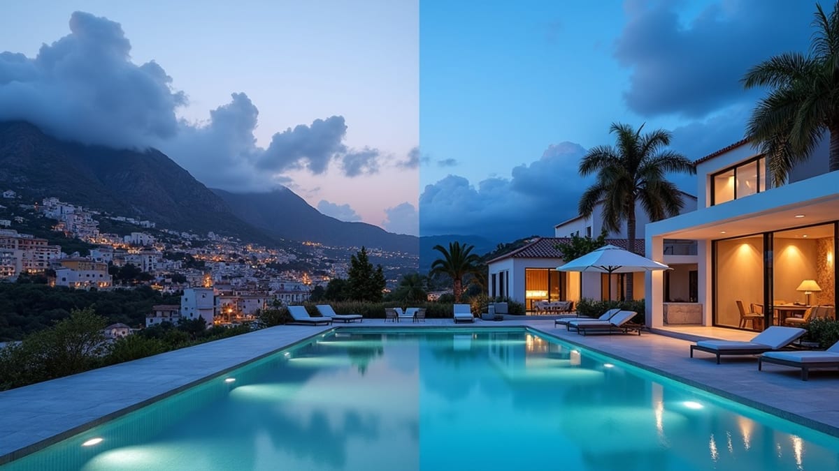 Experience the best time to visit Costa del Sol: tranquil mountain towns vs vibrant beach life at dusk.