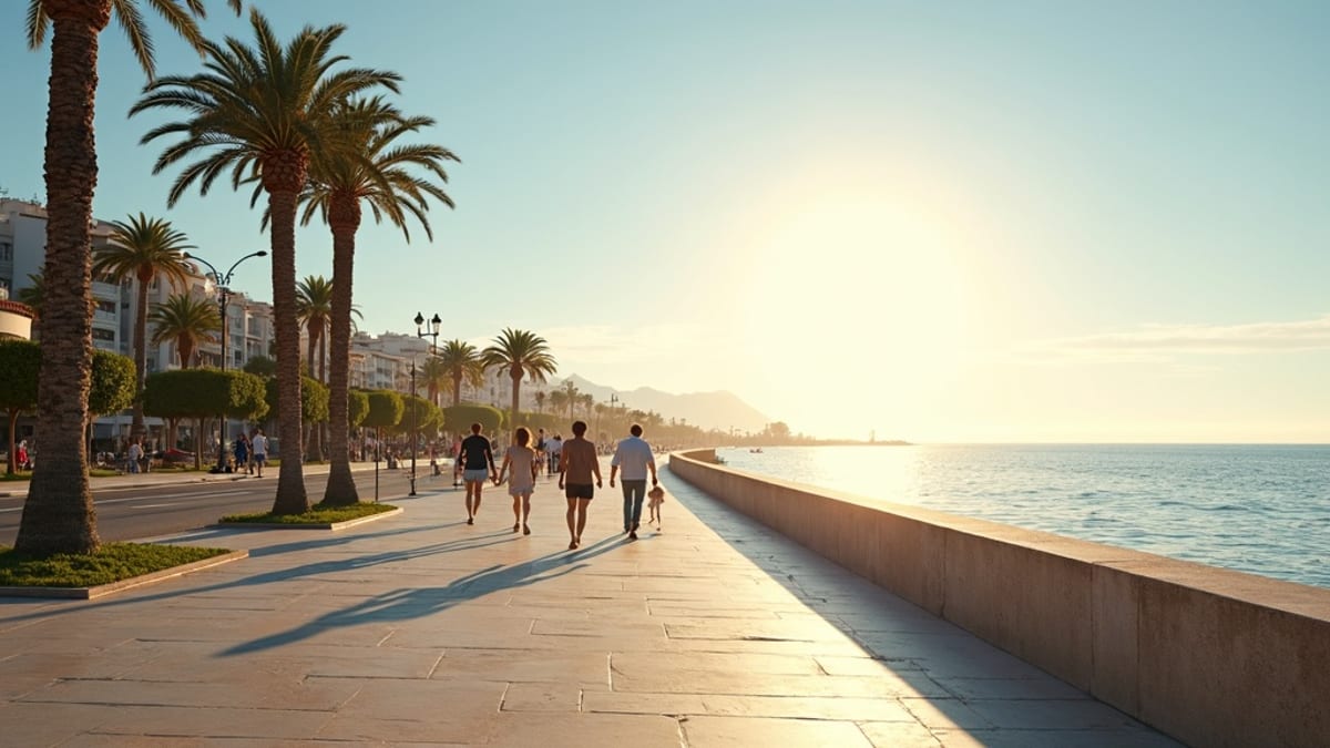 Costa del Sol időjárás: Pálmafás tengerparti sétány emberekkel, mediterrán éghajlat, egész éves napsütés.