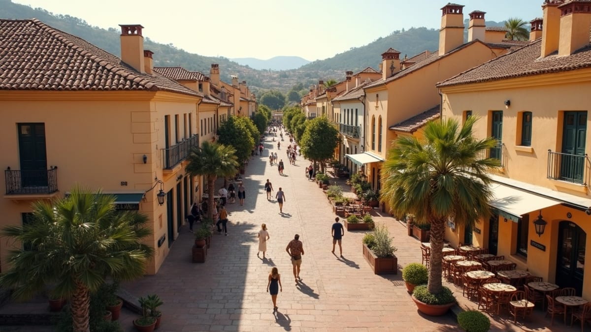 tavaszias hőmérséklet decemberben, stabil időjárás, napfényes tél Costa del Sol: Bájos spanyol városközpont, szabadtéri étkezés.