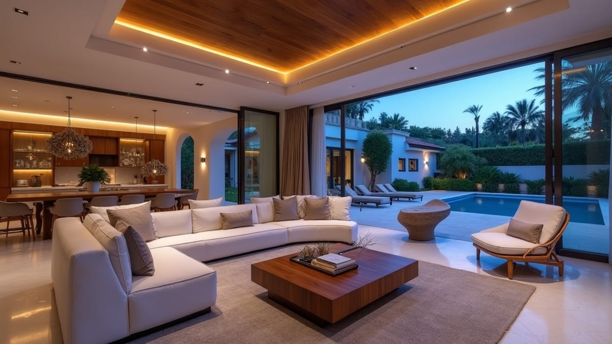 Costa del Sol: meleg nyár, enyhe tél – tágas, spanyol luxus nappali blue hour fénnyel, kiegyensúlyozott hőmérséklethez.