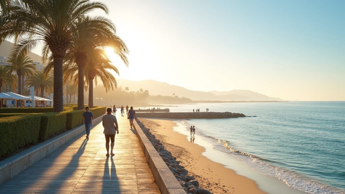 Middelhavsklima & sund livsstil på Costa del Sol: Solbeskinnet strandpromenade med palmer, mennesker, hav i gyldent morgenlys.