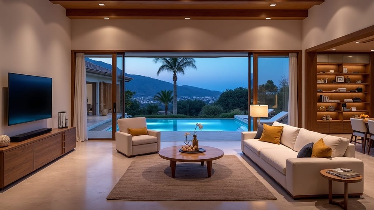 8K living room in a new Costa del Sol property, showcasing luxury finishes. Explore new homes near Sierra de las Nieves Nemzeti Park.