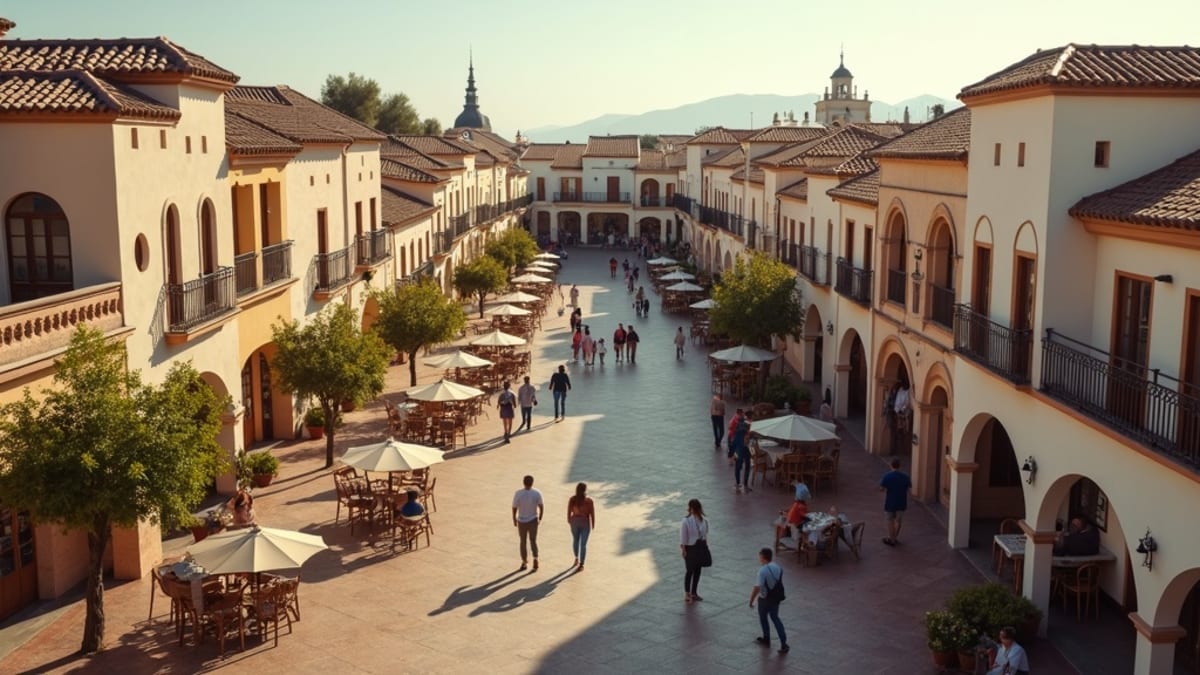 Charming Spanish plaza with outdoor dining, reflecting the active lifestyle and outdoor sports of Andalucia and hiking on Costa del Sol.