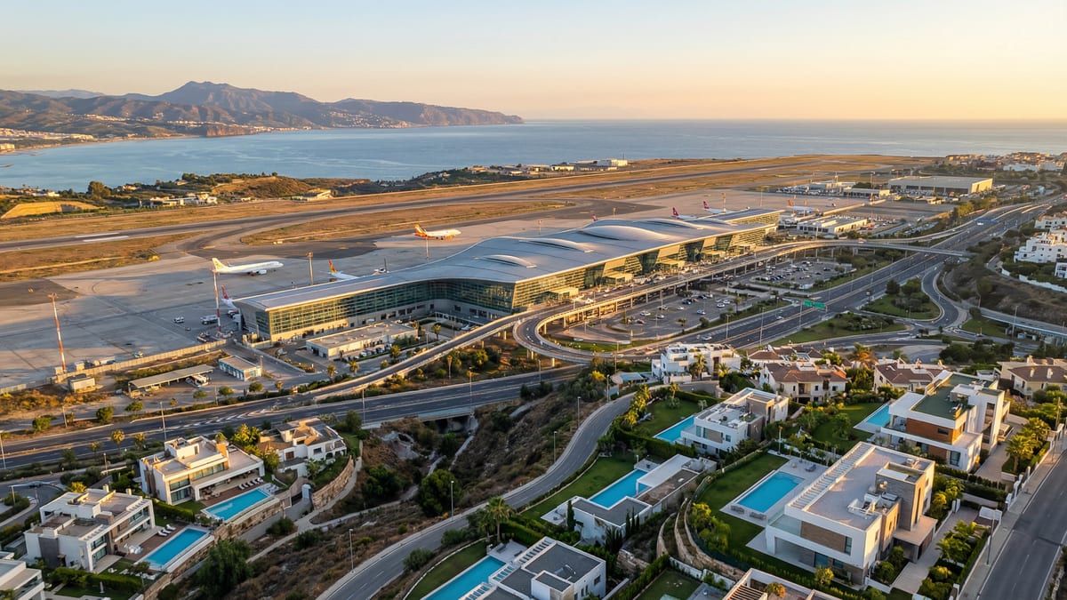 Luchtfoto van Luchthaven Málaga met moderne architectuur en uitgestrekte landingsbanen, omgeven door de prachtige Costa del Sol en luxe woningen.