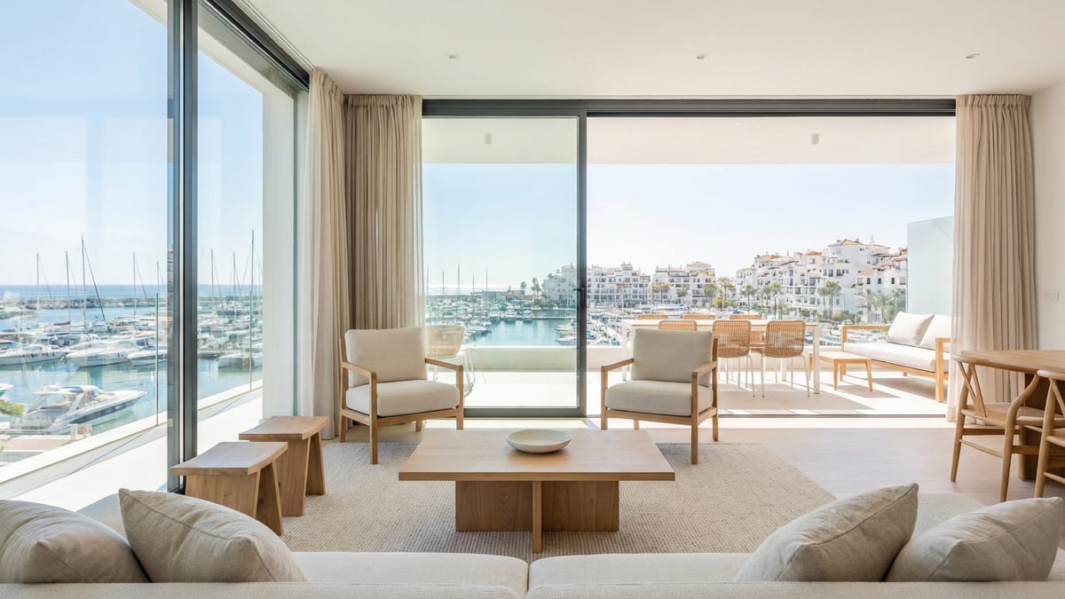 En moderne middelhavsvilla i Costa del Sol, der viser elegant arkitektur, frodige haver og en fredfyldt udendørs terrasse under en livlig blå himmel.