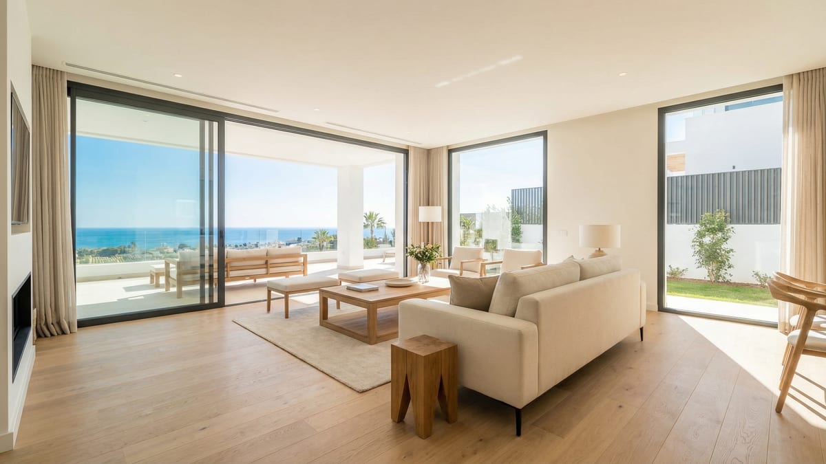 En moderne middelhavsvilla på Costa del Sol som viser elegant arkitektur, frodige hager og en rolig utendørsterrasse under en levende blå himmel.