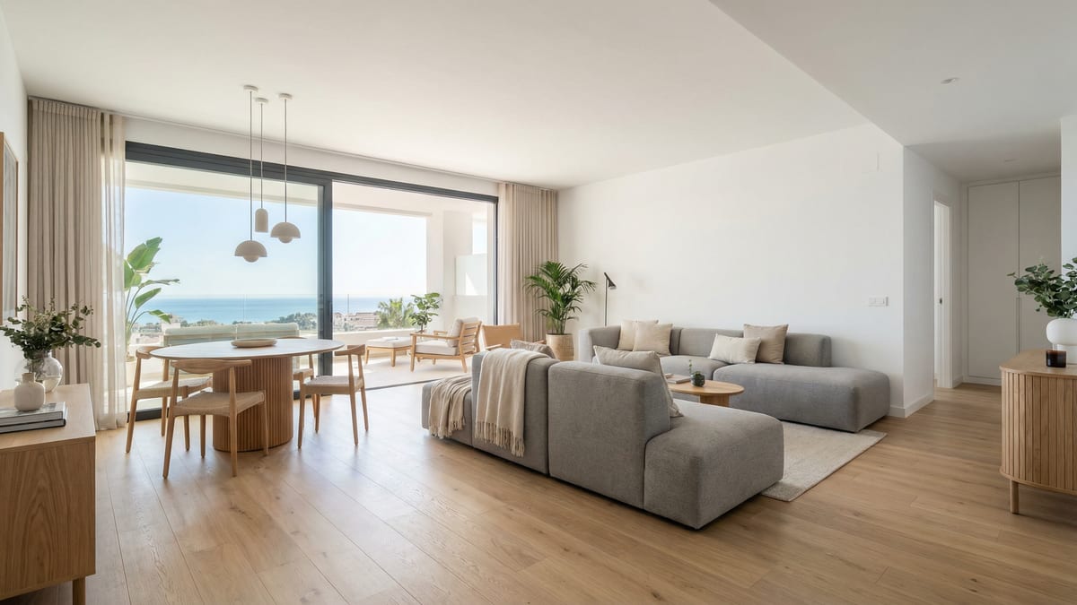 En moderne middelhavsvilla i Costa del Sol med elegant arkitektur, frodige haver og en rolig udendørs terrasse under en levende blå himmel.