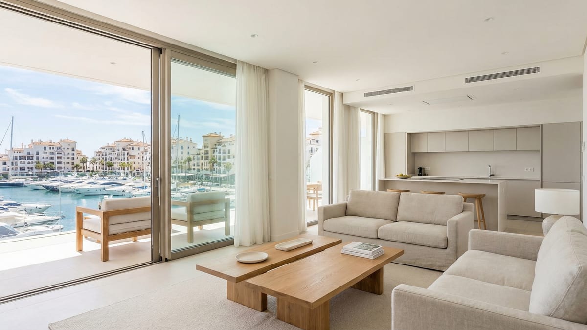 Nowoczesna śródziemnomorska willa na Costa del Sol, prezentująca elegancką architekturę, bujne ogrody i spokojny taras zewnętrzny pod jaskrawym błękitnym niebem.