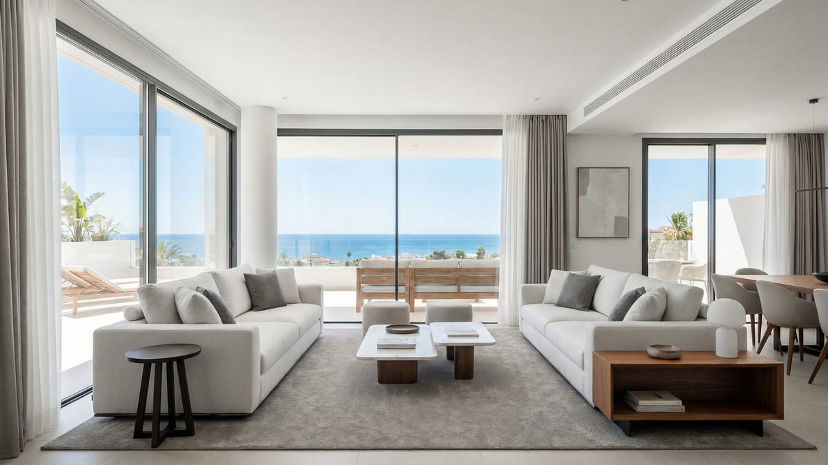 Nowoczesna willa śródziemnomorska na Costa del Sol prezentująca elegancką architekturę, bujne ogrody i spokojny taras zewnętrzny pod żywym, niebieskim niebem.