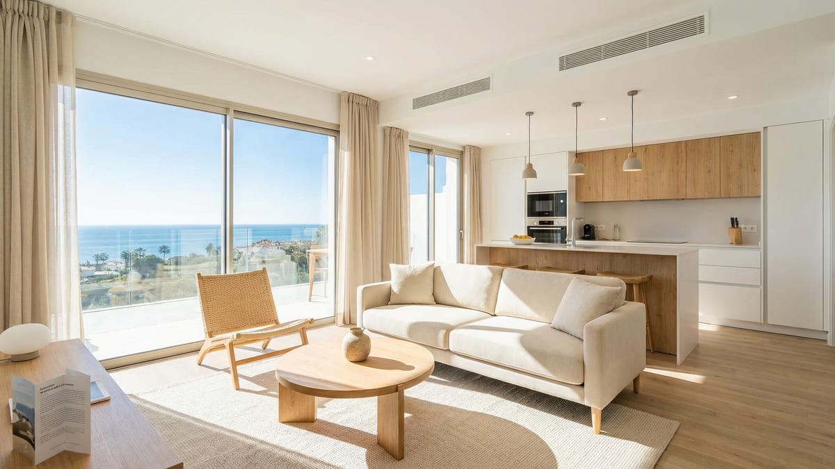 Egy modern mediterrán villa a Costa del Solon, elegáns építészettel, buja kertekkel és egy nyugodt szabadtéri terasszal a ragyogó kék ég alatt.