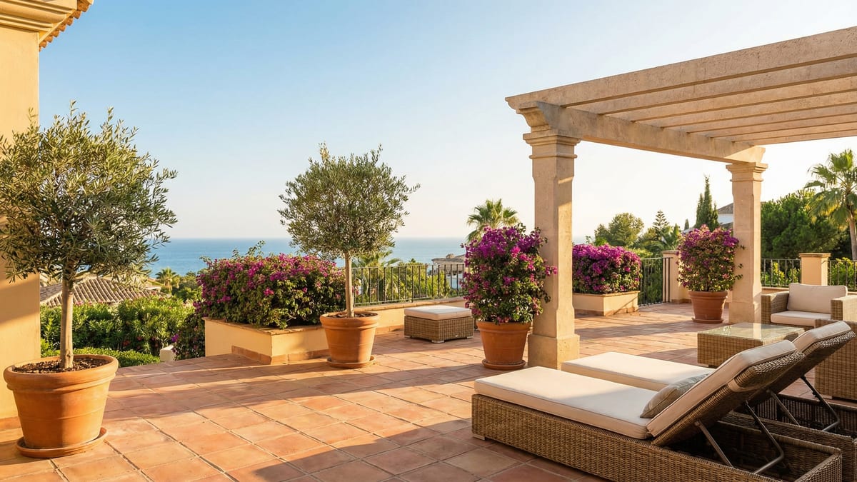 Egy modern mediterrán villa a Costa del Solon, elegáns építészettel, buja kertekkel és egy nyugodt szabadtéri terasszal a ragyogó kék ég alatt.