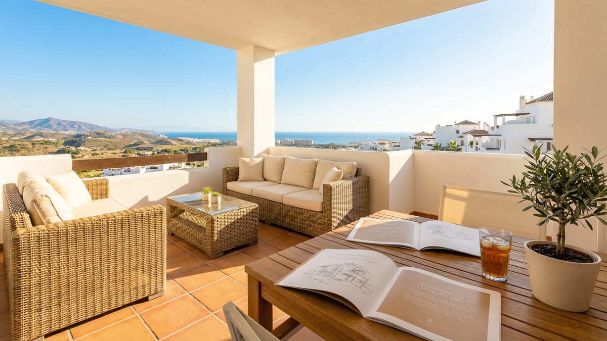Modern mediterrán villa a Costa del Sol-on, elegáns építészettel, buja kertekkel és egy nyugodt kültéri terasszal ragyogó kék ég alatt.