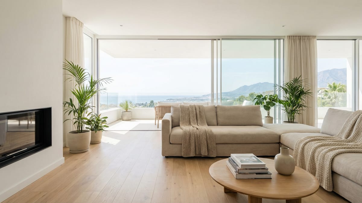 Moderni välimerellinen huvila Costa del Solissa esittelee eleganttia arkkitehtuuria, vehreitä puutarhoja ja rauhallisen ulkoterassin eloisan sinisen taivaan alla.