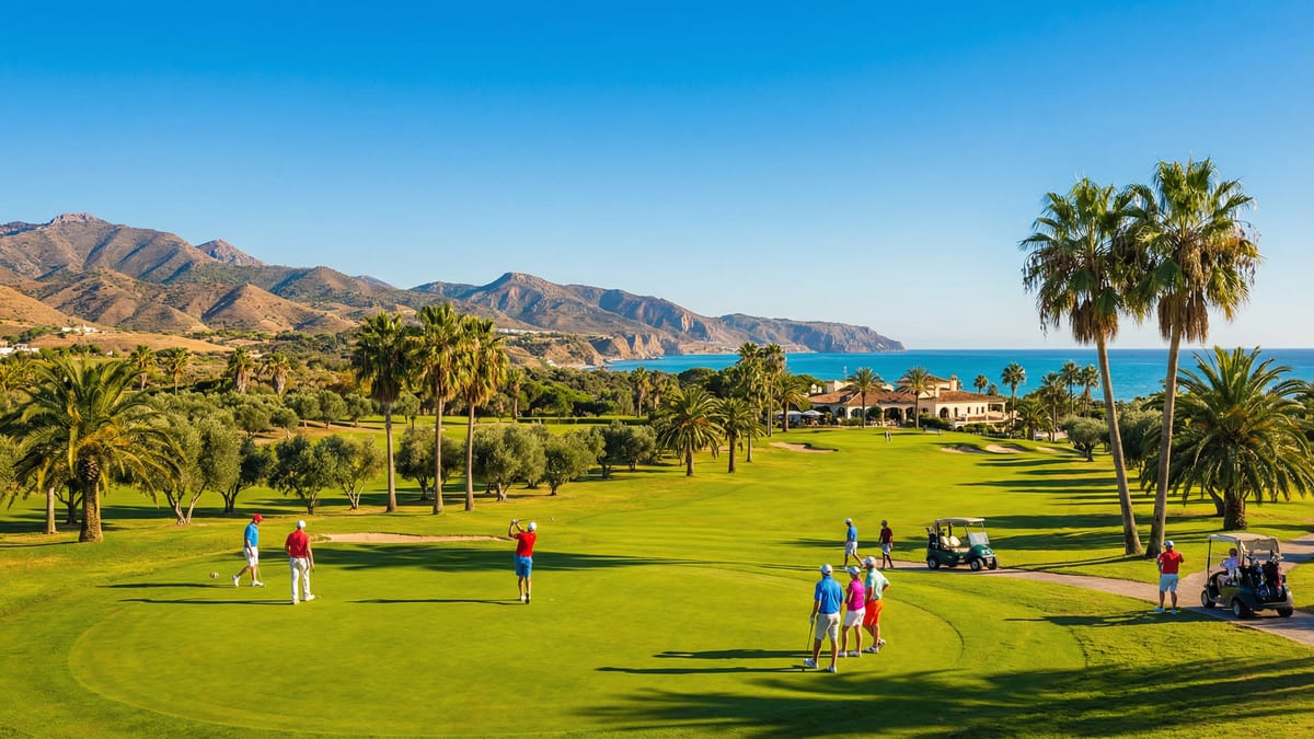 Golfaajia nauttimassa auringosta Costa del Solin golfkentällä, taustalla palmupuita ja Välimeren rannikko.